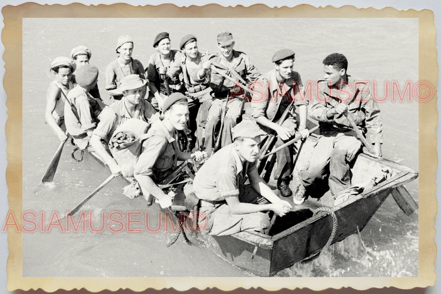 40s WW2 Vietnam FRENCH FRANCE NAVY BOAT RIVER CROSSING MEN Vintage Photo 29608