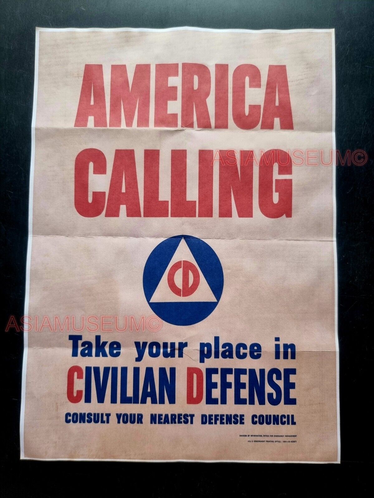 1943 WW2 USA AMERICA CALLING CIVILIAN DEFENSE RECRUIT ARMY PROPAGANDA POSTER 498