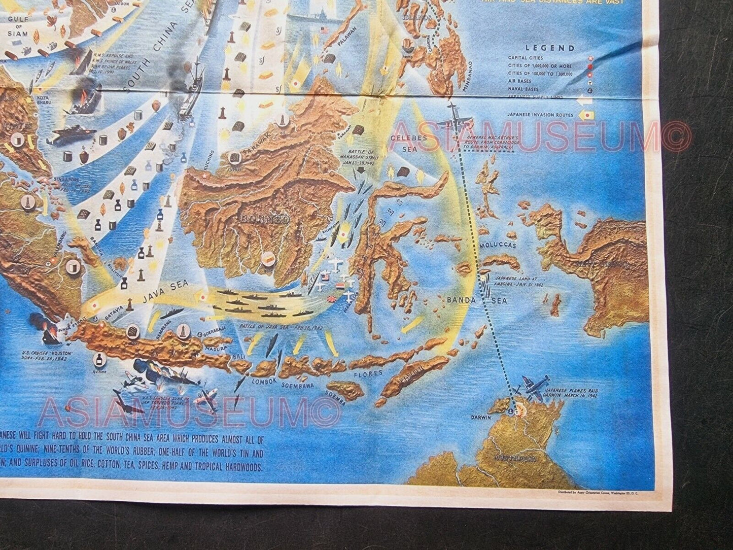 1943 WW2 AMERICA USA JAPAN PACIFIC WAR SOUTH CHINA SEA WAR MAP PROPAGANDA POSTER