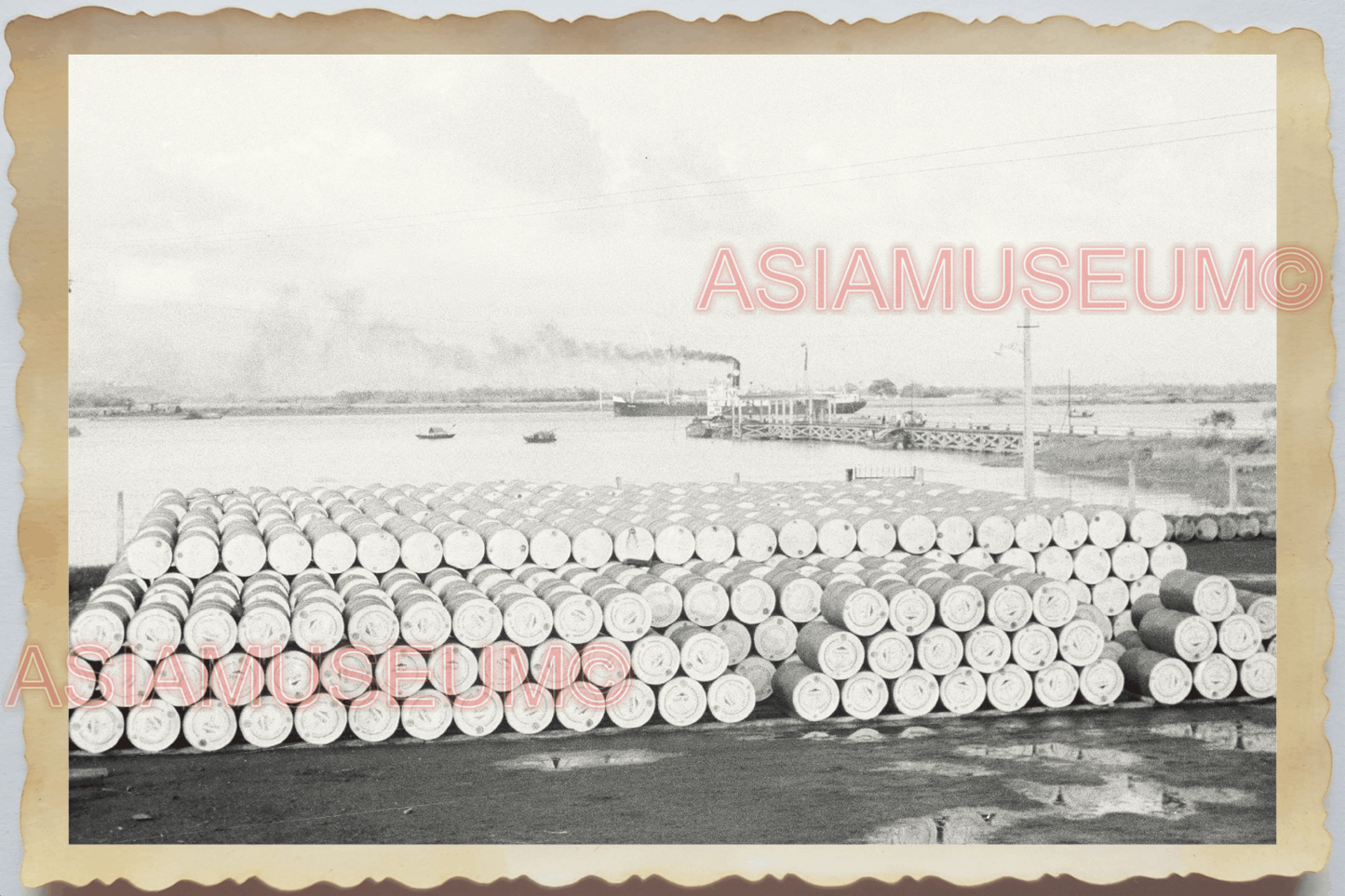 40s WW2 Vietnam HANOI INDOCHINA BARREL GASOLINE MOBIL TEXACO Vintage Photo 04242