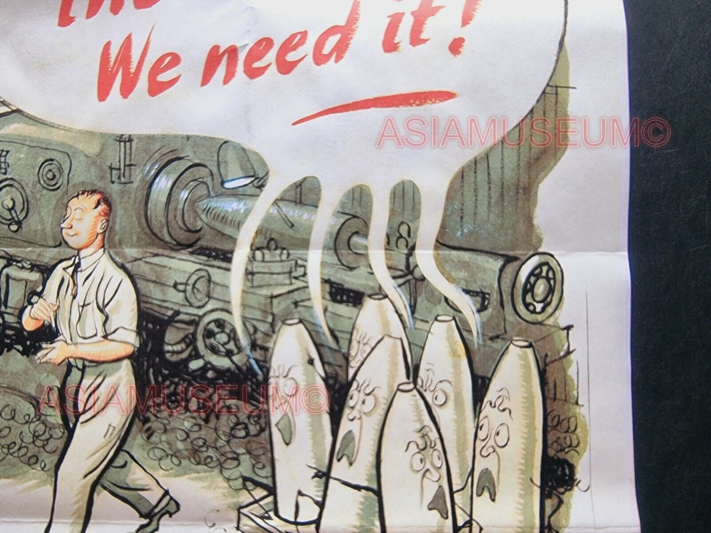 1943 WW2 USA AMERICA BRITAIN FACTORY WASTE POWER COAL BOMB WAR PROPAGANDA POSTER