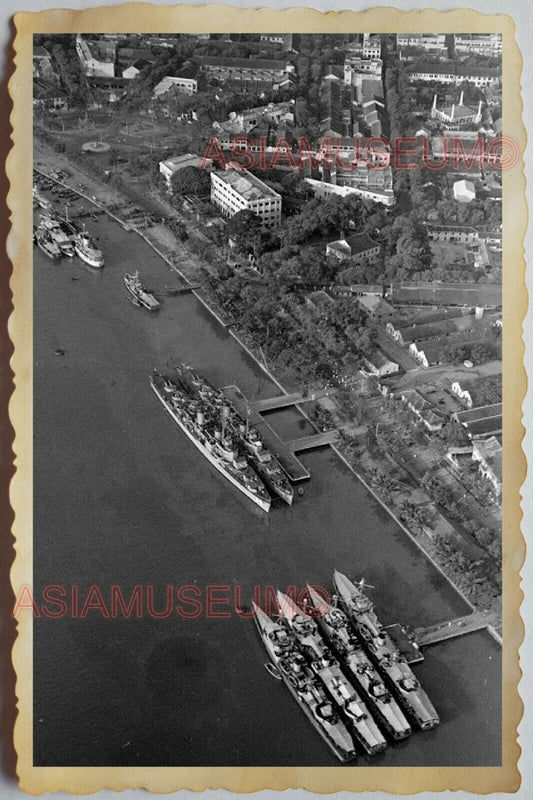 50s Vietnam SAIGON NAVY DOCK WARSHIP PORT SHIP AERIAL VIEW OLD Vintage Photo 727