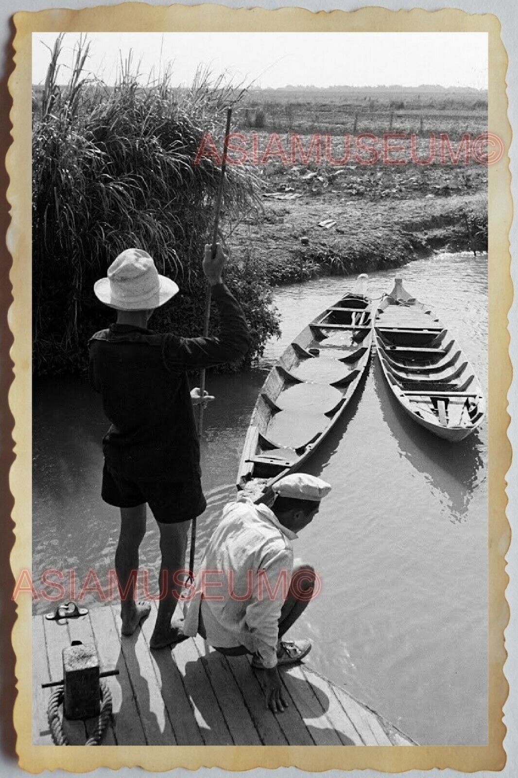 50s Vietnam SAIGON HO CHI MINH RIVER FISHERMAN BOAT JETTY WAR Vintage Photo #884