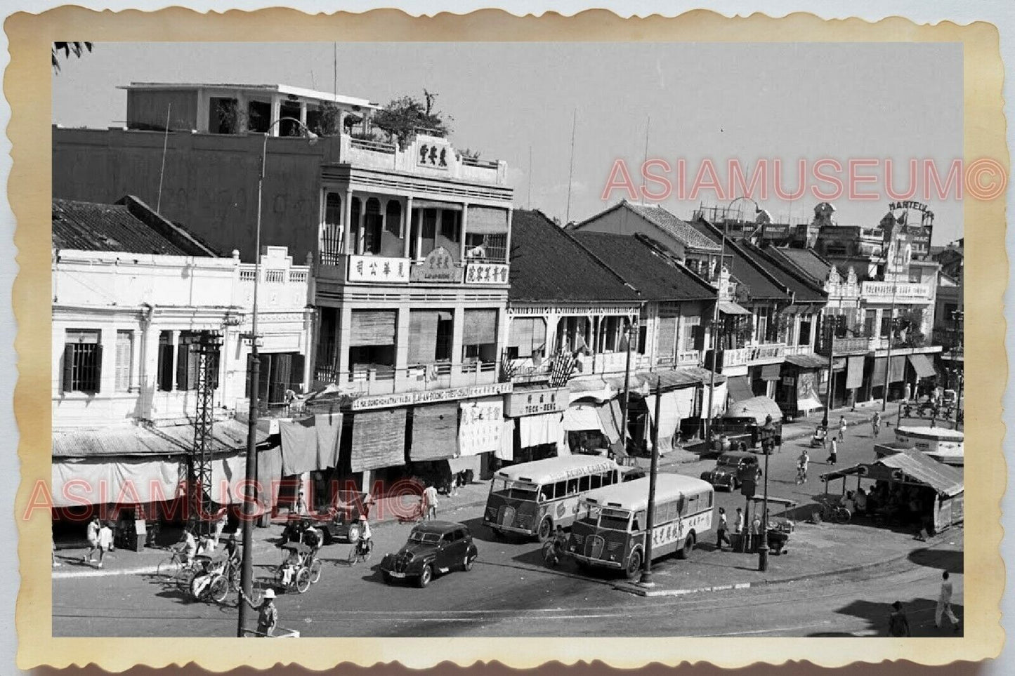 50s Vietnam War Indochina Saigon Street Scene Bus Car Trishaw Vintage Photo #438