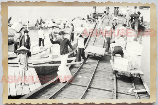 40s WW2 Vietnam SHIP PIER HARBOR WOMEN COOLIE CARGO RAIL OLD Vintage Photo 04413