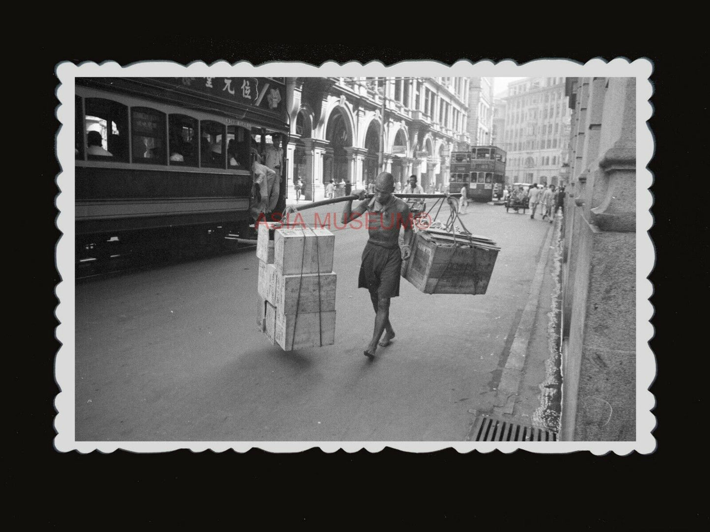 1950s DOUBLE DECKER BUS MAN STREET CRATE BOX CARGO Vintage Hong Kong Photo #1205