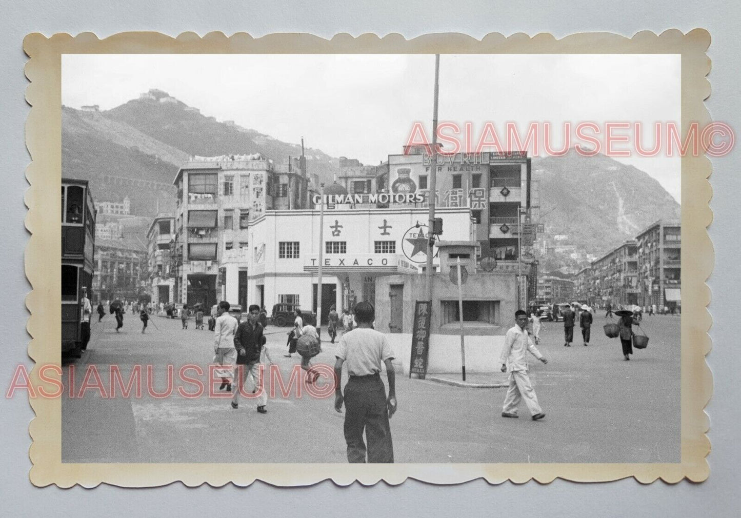 1940s TEXACO WAN CHAI DOUBLE DECKER BUS TRAM STREET HONG KONG Photo 18402 香港旧照片