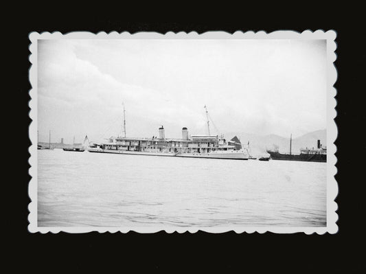 40s Vintage Hong Kong Photo America Flag Steam Ship Ferry Victoria Harbor #403