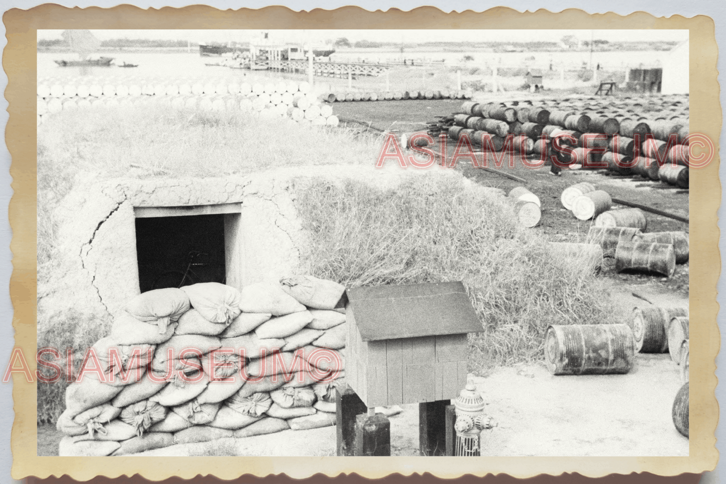 40s WW2 Vietnam MOTOR OIL BARREL GAS ANTI JAPANESE BUNKER OLD Vintage Photo 4391