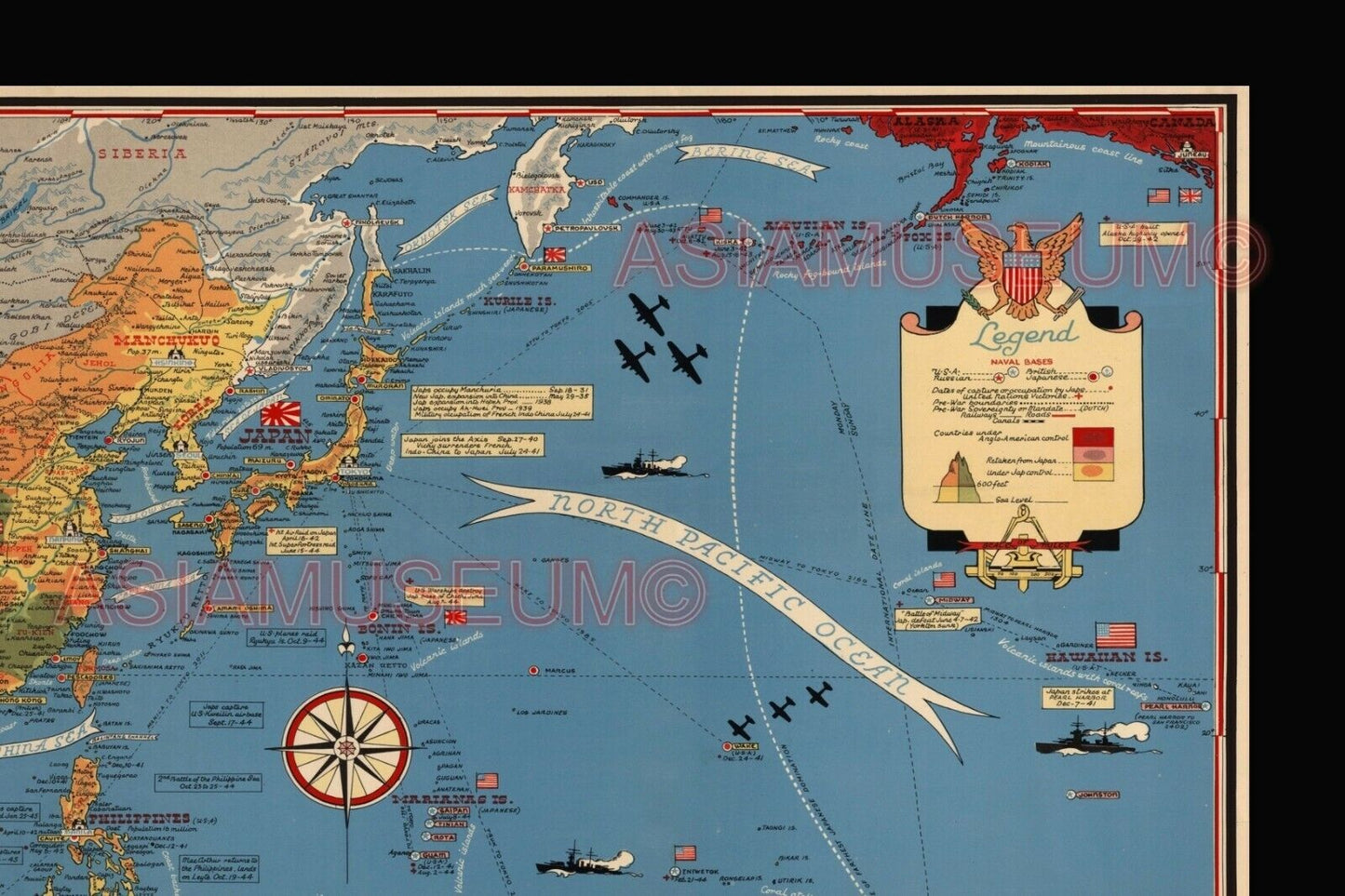 1944 WW2 USA JAPAN PACIFIC WAR MAP TIMELINE SUBMARINE WARSHIP AIRCRAFT POSTER