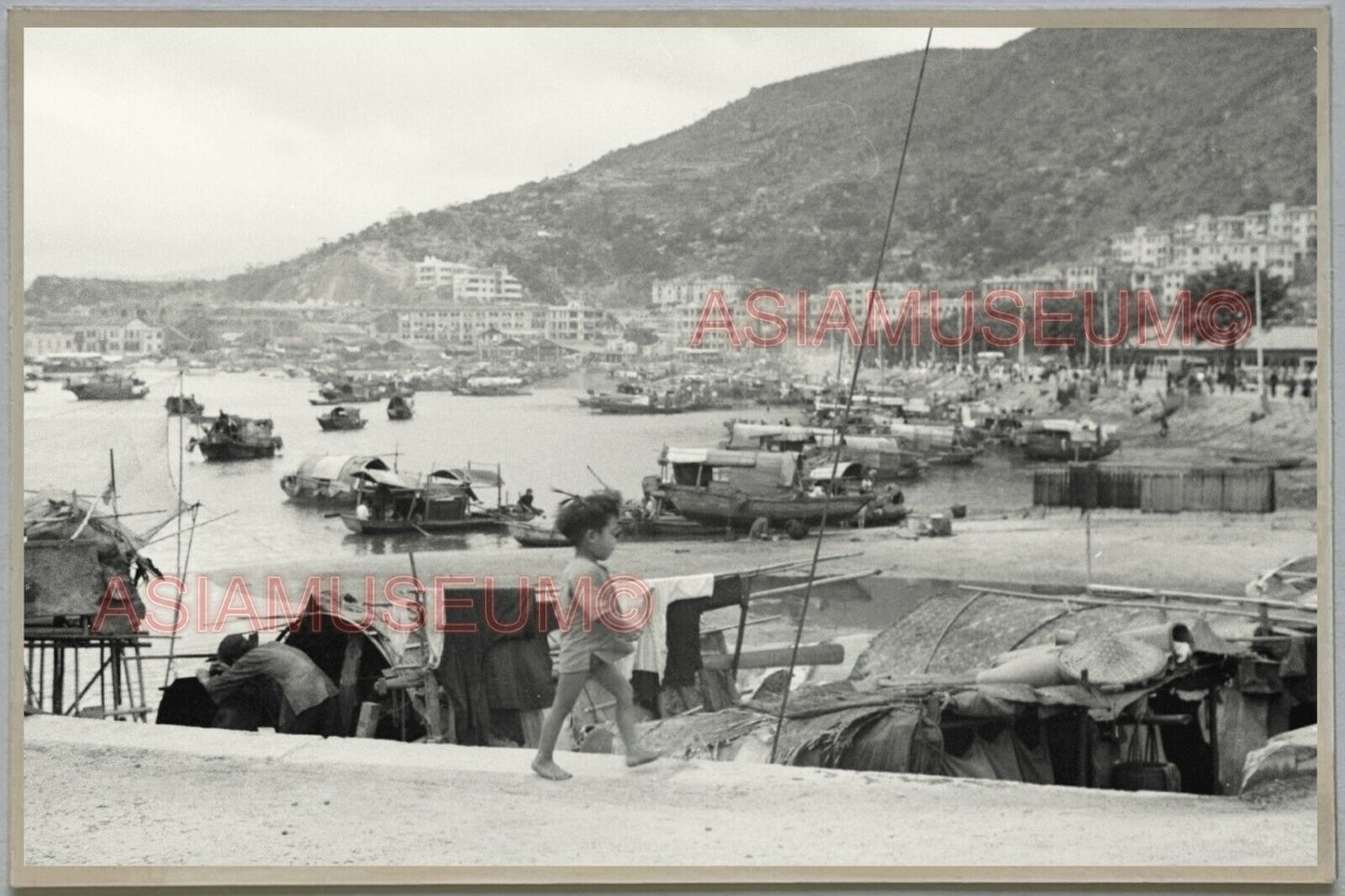 40s Boy Pier Boat House Ship Hong Kong Vintage Photo Postcard RPPC 488 香港舊照片明信片