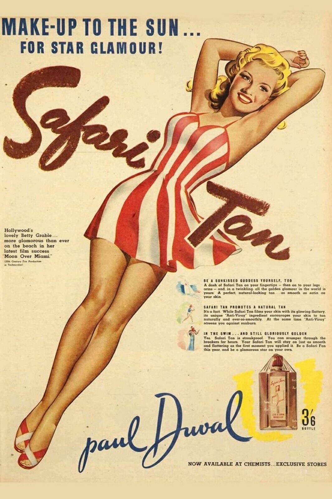 1950s Safari Tan Paul Duval Sun Lotion Pin up Girl Women ads Vintage Postcard 67