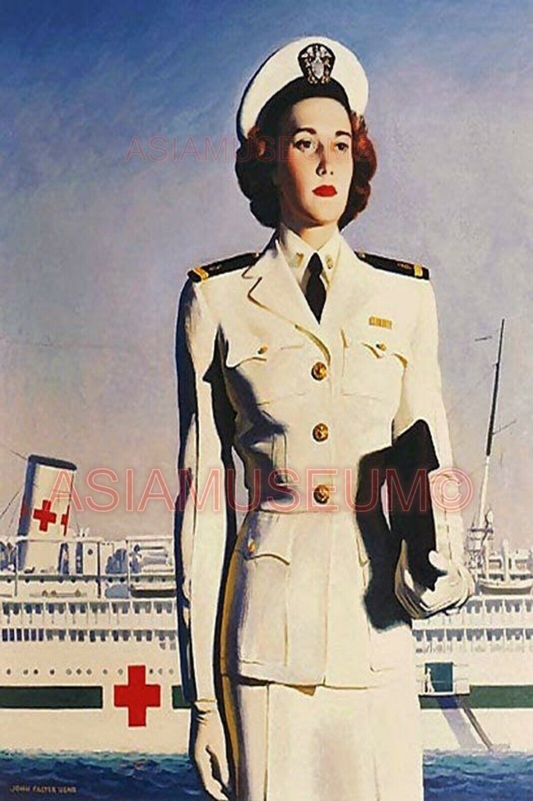 1942 WW2 USA AMERICA NAVY RED CROSS WOMEN LADY SHIP NURSE SOLDIER WAR Postcard