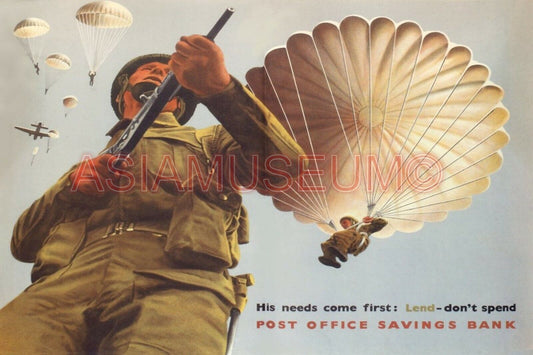 1945 WW2 USA AMERICA TROOPS PARACHUTE POST OFFICE SAVING WAR PROPAGANDA Postcard