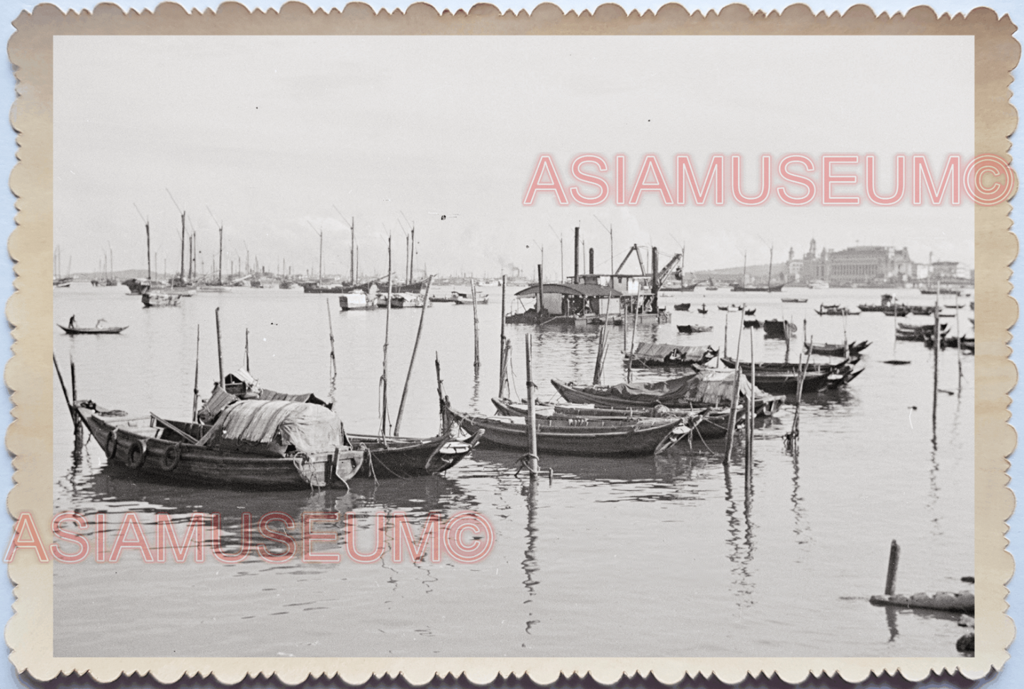 WW2 Waterfront Sampan Boat Dock Ship Ferry Pier River B&W Singapore Photo 18962