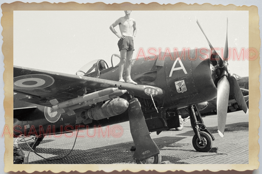 40s WW2 Vietnam INDOCHINA WAR BEARCAT PLANE ARMY MAN TOPLESS Vintage Photo 23760