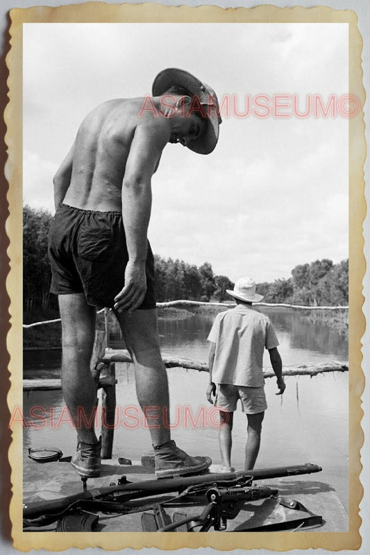 40s Vietnam War ARMY SOLDIER GUARD TOPLESS MAN GAY RIVER BOAT Vintage Photo 1176