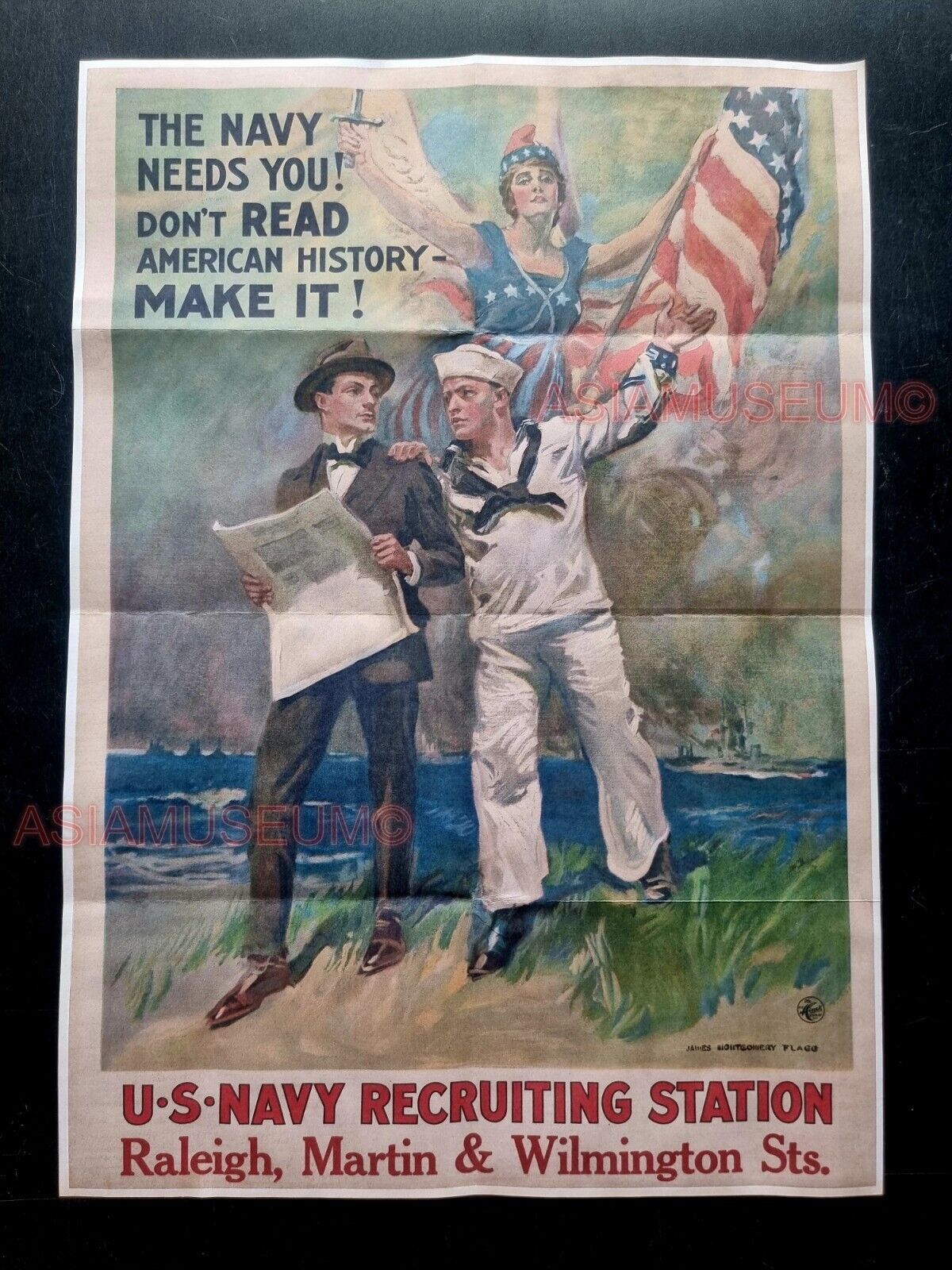 1942 WW2 USA AMERICA WAR NAVY RECRUIT FLAG SAILOR SHIP US PROPAGANDA POSTER 509