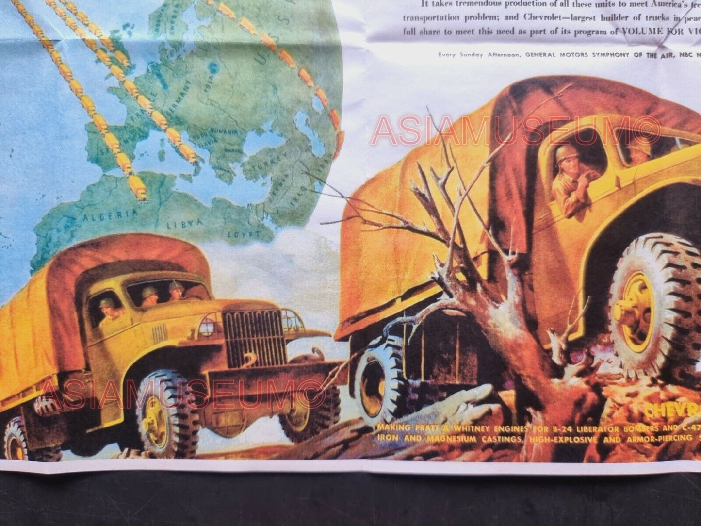 1943 WW2 USA AMERICA CAR TRUCK CHEVROLET WORLD MAP BATTLE ARMY PROPAGANDA POSTER