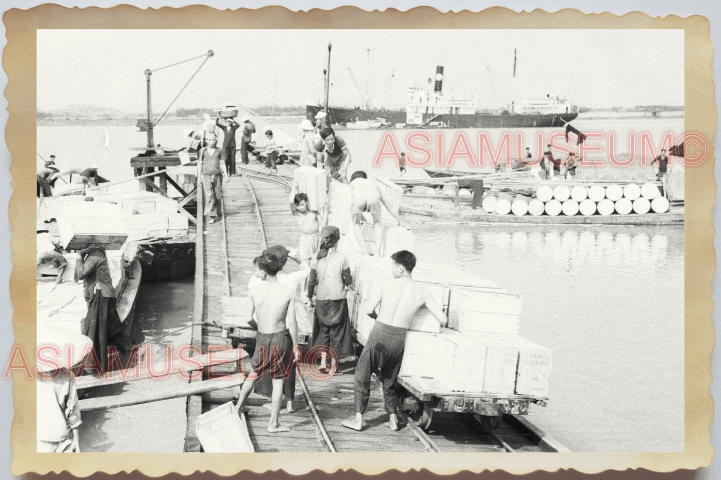 40s WW2 Vietnam SHIP PIER HARBOR OIL RIFINERY CARGO SHIP OLD Vintage Photo 04407