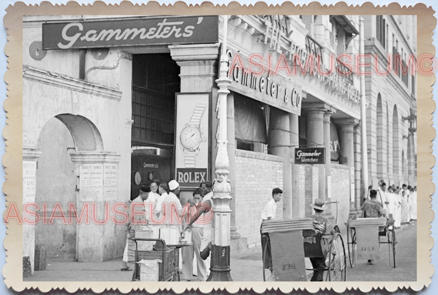 40s Street Scene Shop Ads Sign Rolex Rickshaw Lamppost Old Singapore Photo 17618