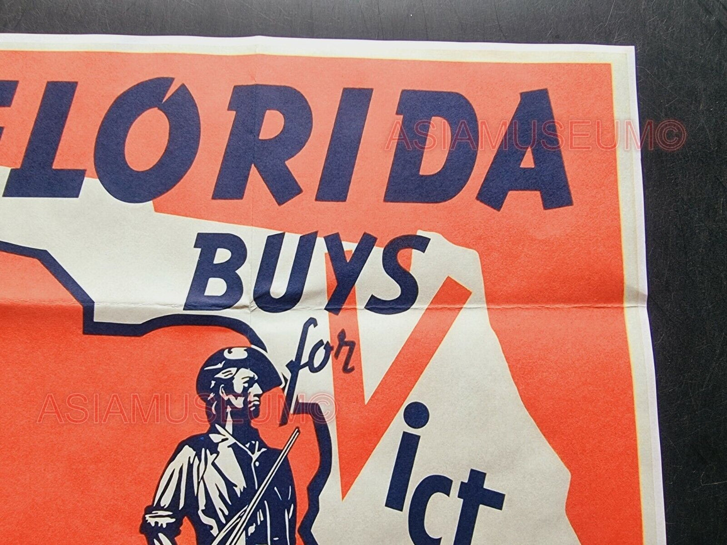 1943 WW2 USA AMERICA FLORIDA VICTORY ARMY SOLDIER BATTLE MAP PROPAGANDA POSTER