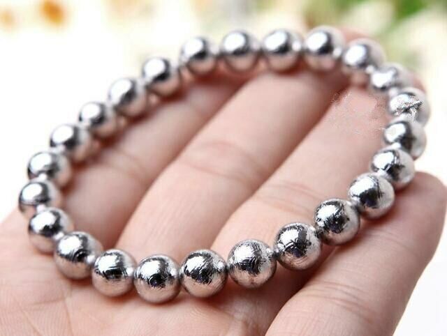 GIBEON METEORITE 8mm 20 Beads Bracelet 7" Iron Nickel Aerolite moon White Gold