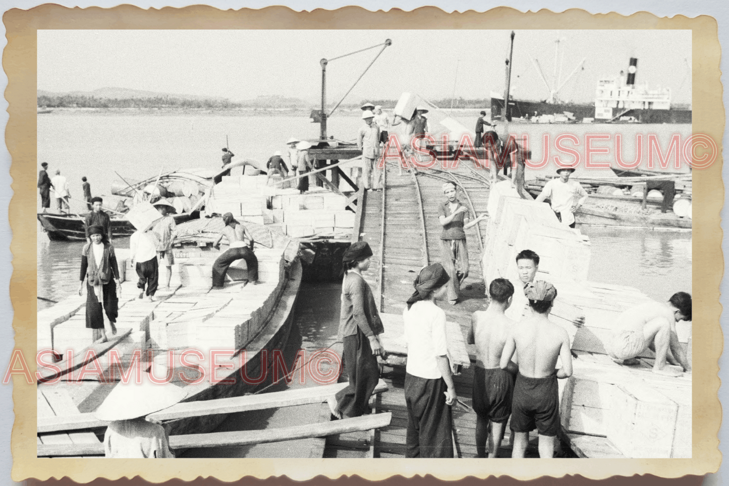 40s WW2 Vietnam SHIP PIER HARBOR WOMEN COOLIE CARGO RAIL OLD Vintage Photo 04415