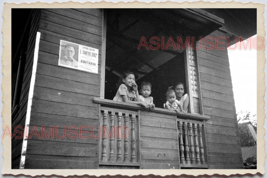 50s PHILIPPINES CHILDREN GIRL STILT HOUSE WINDOW SIGN BOY  Vintage Photo 29572