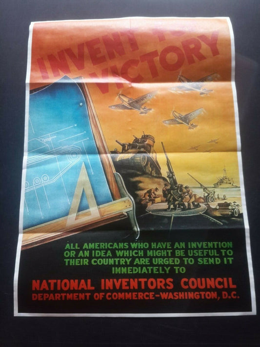 1943 WW2 USA AMERICA ARMY SOLDIER AIRCRAFT TANK WARSHIP INVENT PROPAGANDA POSTER