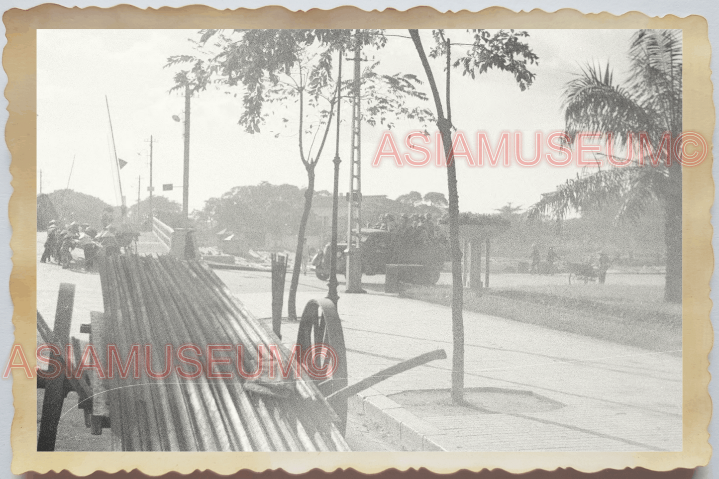 40s WW2 Vietnam HANOI STREET SCENE TRUCK ARMY CART BAMBOO Vintage Photo 04265