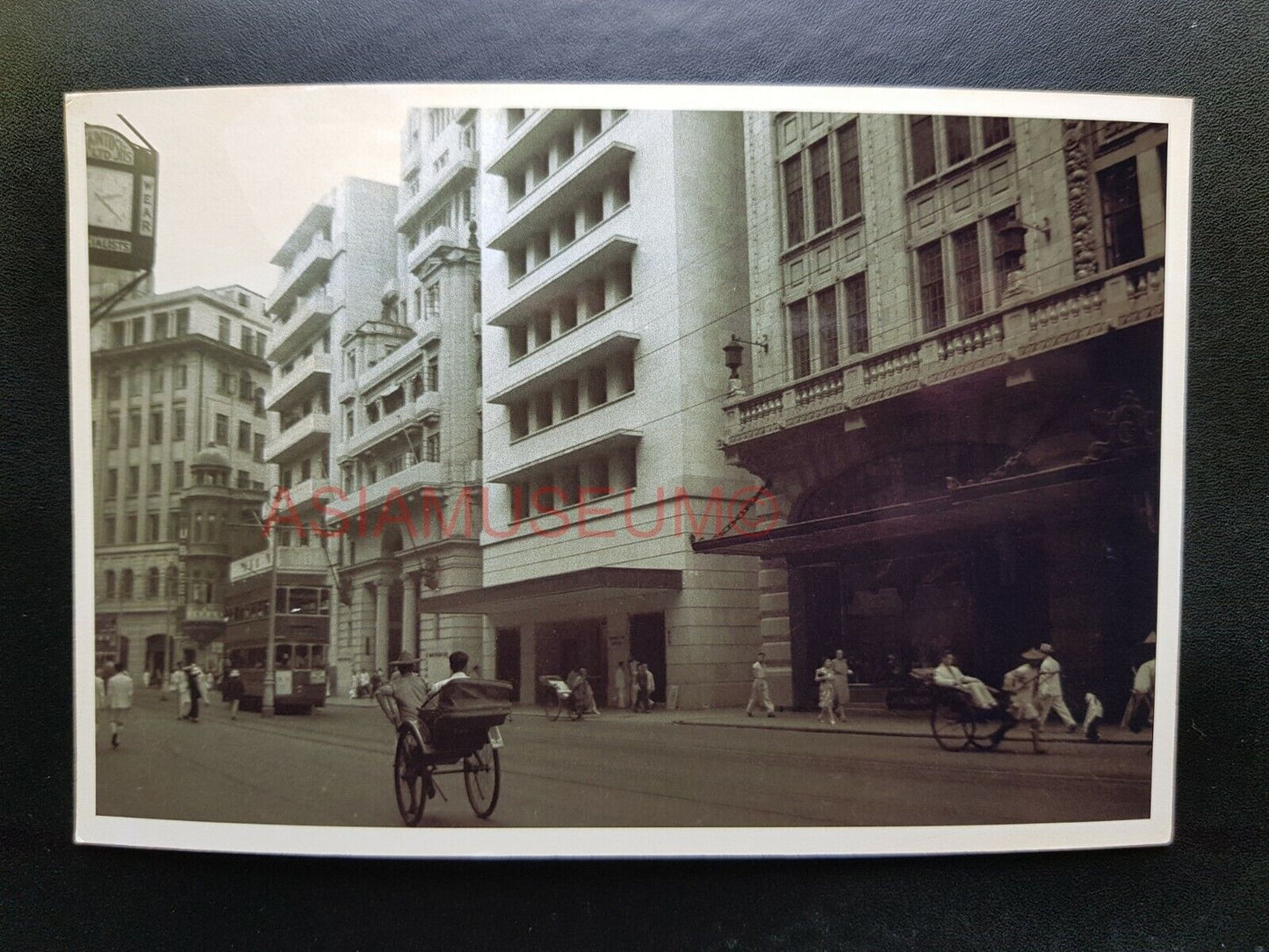 40s Des Voeux Road Central Rickshaw Tram Bus Hong Kong Photo Postcard RPPC #1673