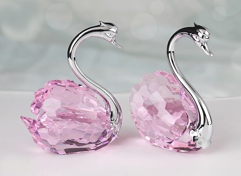 HUGE BIG PAIR SWAN PINK CRYSTAL WEDDING VALENTINE'S FIGURINE SILVER WHITE GOLD