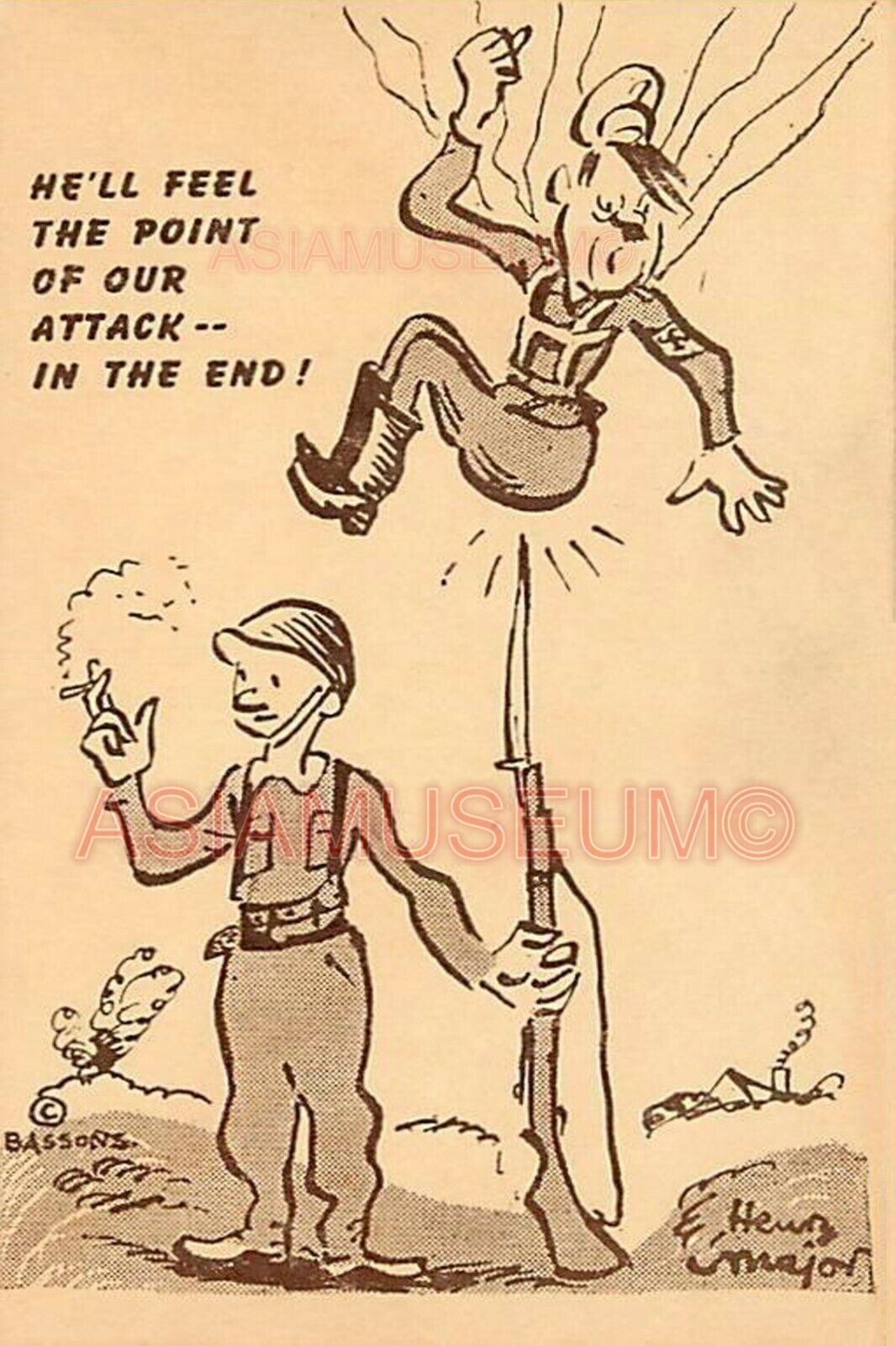 1944 WWii USA AMERICA COMIC CARTOON ARMY SOLDIER PARACHUTE PROPAGANDA Postcard