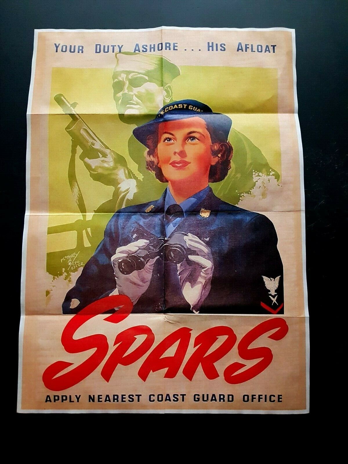 1943 WW2 USA WOMEN LADY COAST GUARDS SPARS WAR GUNS BINOCULAR PROPAGANDA POSTER