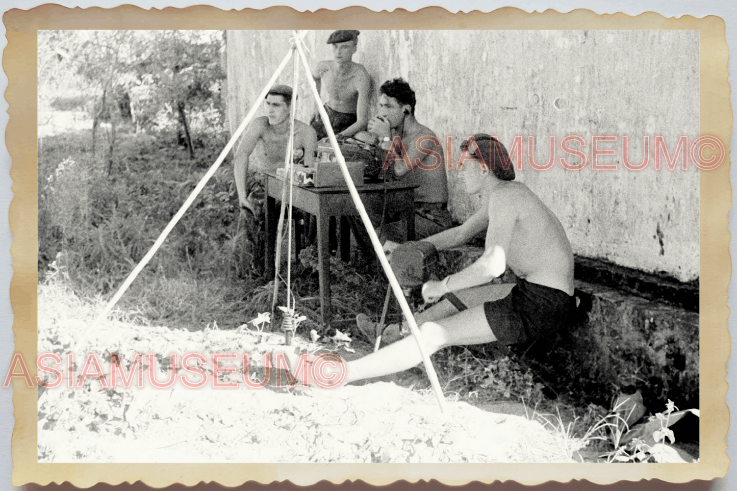 40s WW2 Vietnam FRENCH ARMY MACHINE RADIO PHONE TOPLESS MEN Vintage Photo 26153