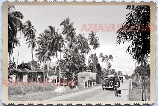 WW2 Street Road Car Cyclist Bicycle Village Bunker Hut B&W Singapore Photo 29663