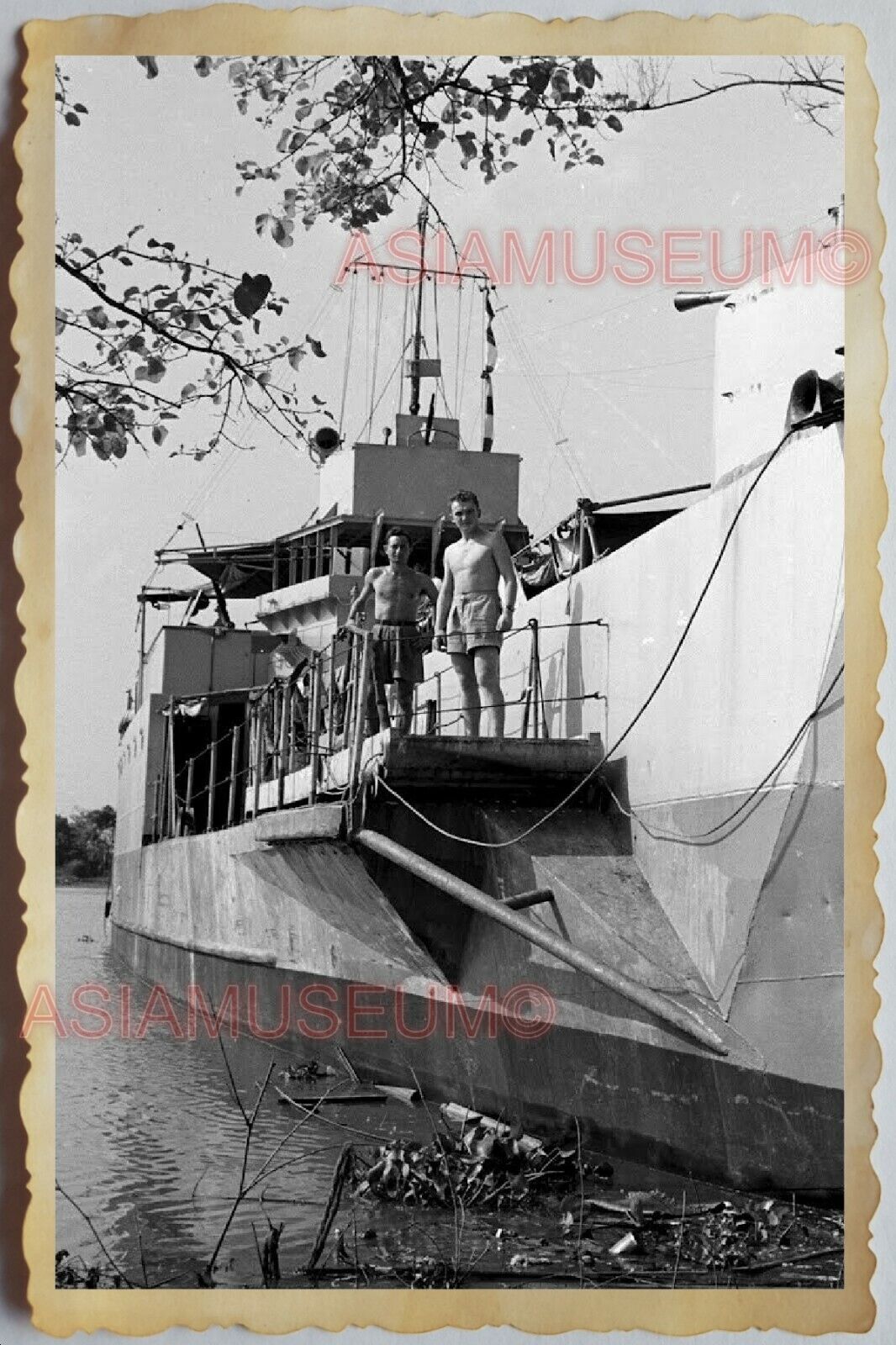 50s Vietnam SAIGON ARMY NAVY TOPLESS MAN WARSHIP DOCK RIVER  Vintage Photo 771