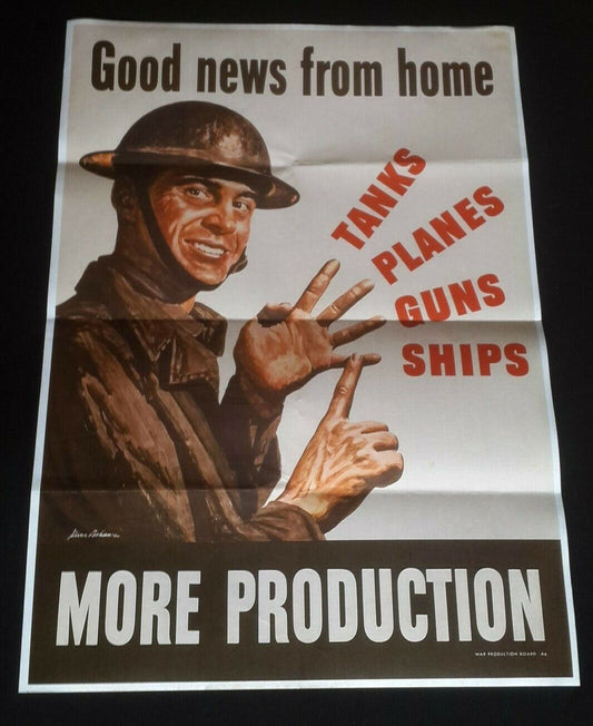 1942 WW2 AMERICA ARMY SOLDIER TANK PLANE GUN SHIP MARINE FLAG PROPAGANDA POSTER