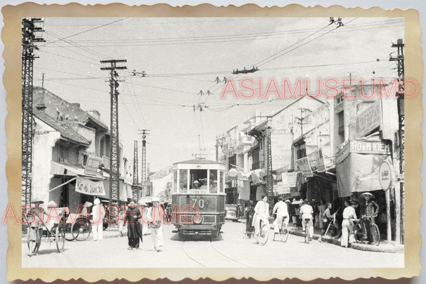 40s WW2 Vietnam INDOCHINA HANOI STREET TRAM RICKSHAW BICYCLE Vintage Photo 04215