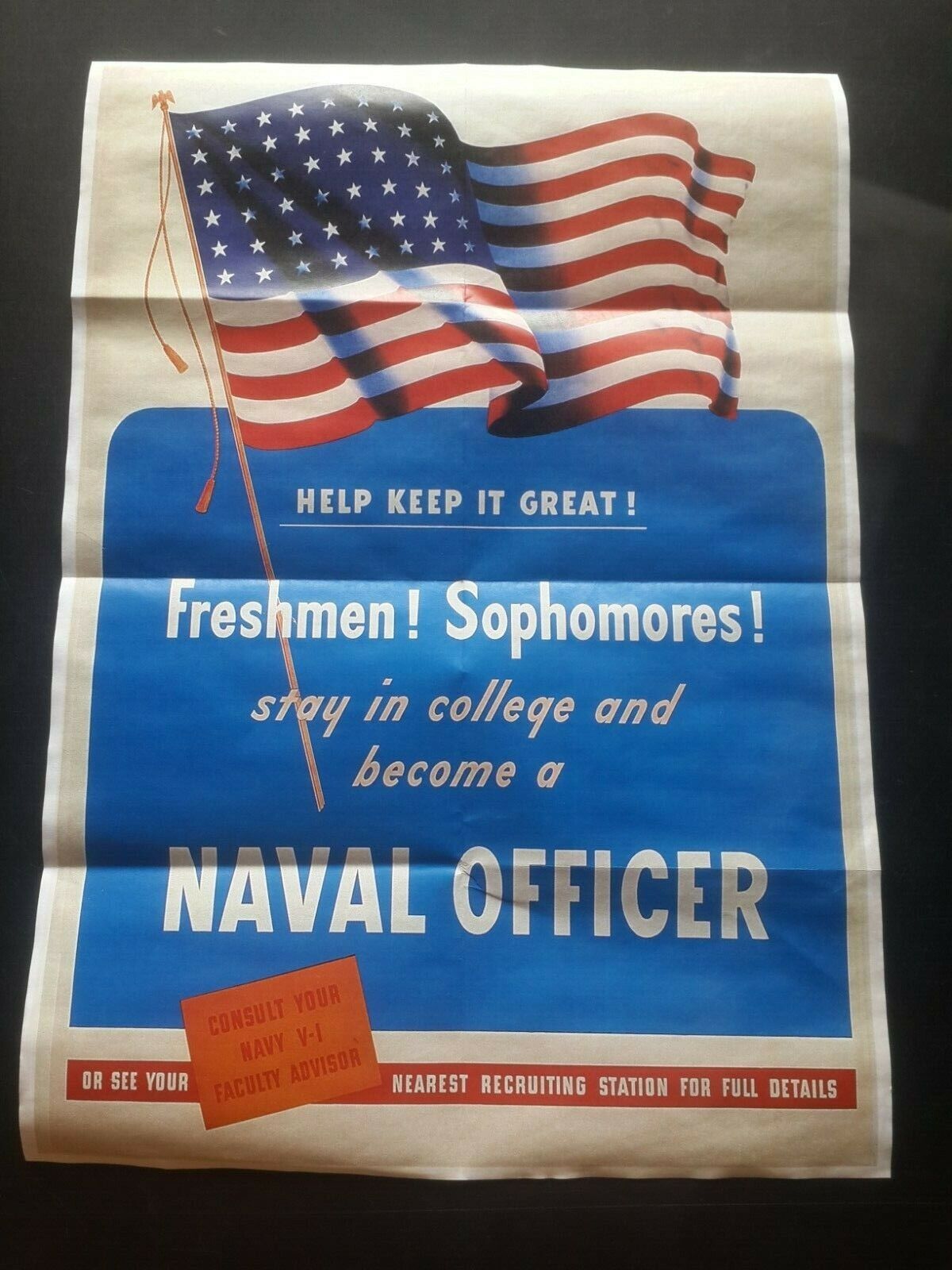 1942 WW2 USA AMERICA NAVY NAVAL RECRUIT CADET FLAG FRESHMAN PROPAGANDA POSTER