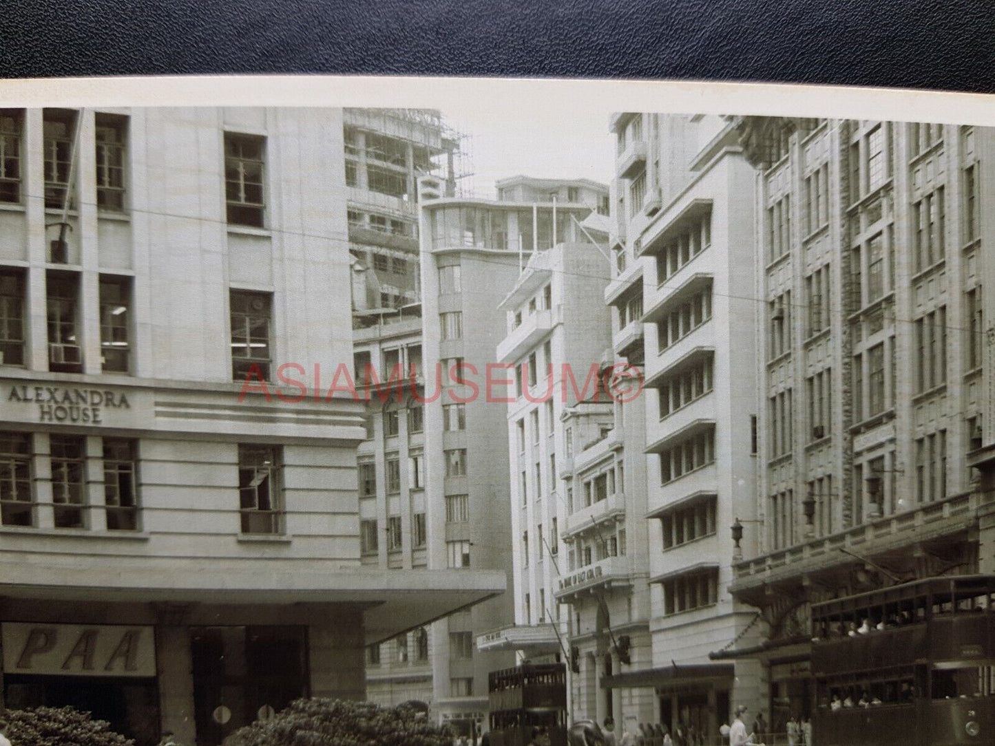 Alexandra House Queen's Road Tram Bus  Vintage B&W Hong Kong Photo Postcard RPPC