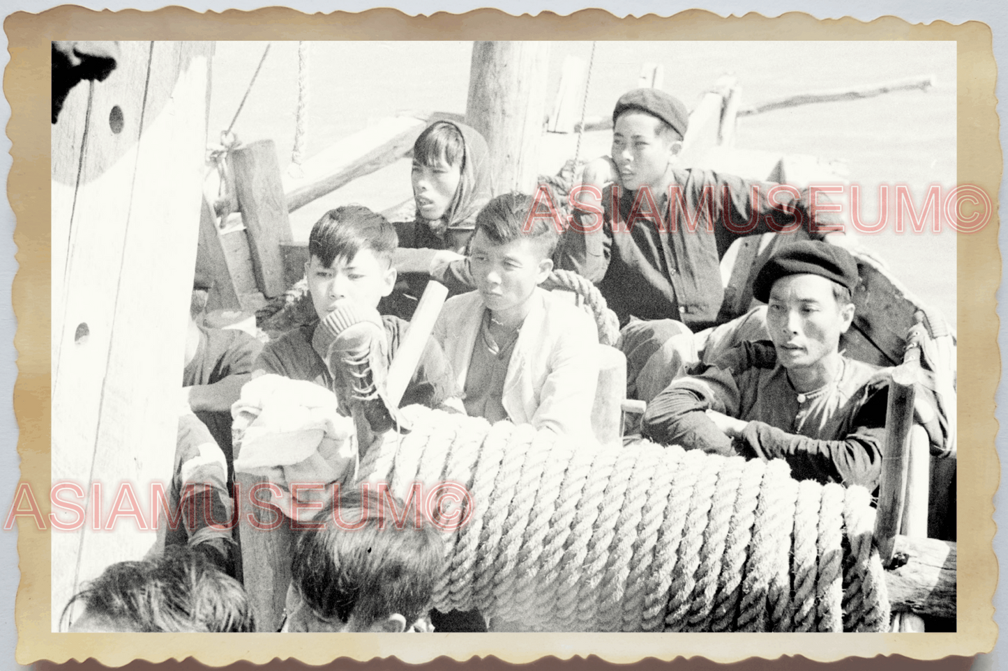 40s WW2 Vietnam VIETNAMESE BOAT SHIP SAIL REFUGEE YOUNG MAN Vintage Photo 26972