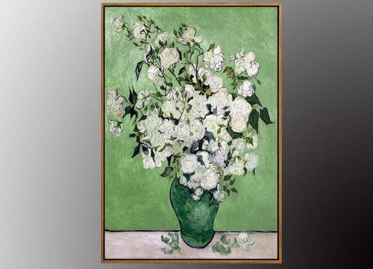 VAN GOGH Vase with Pink Roses Canvas Art Print 50x70cm WITH vintage Gold FRAME