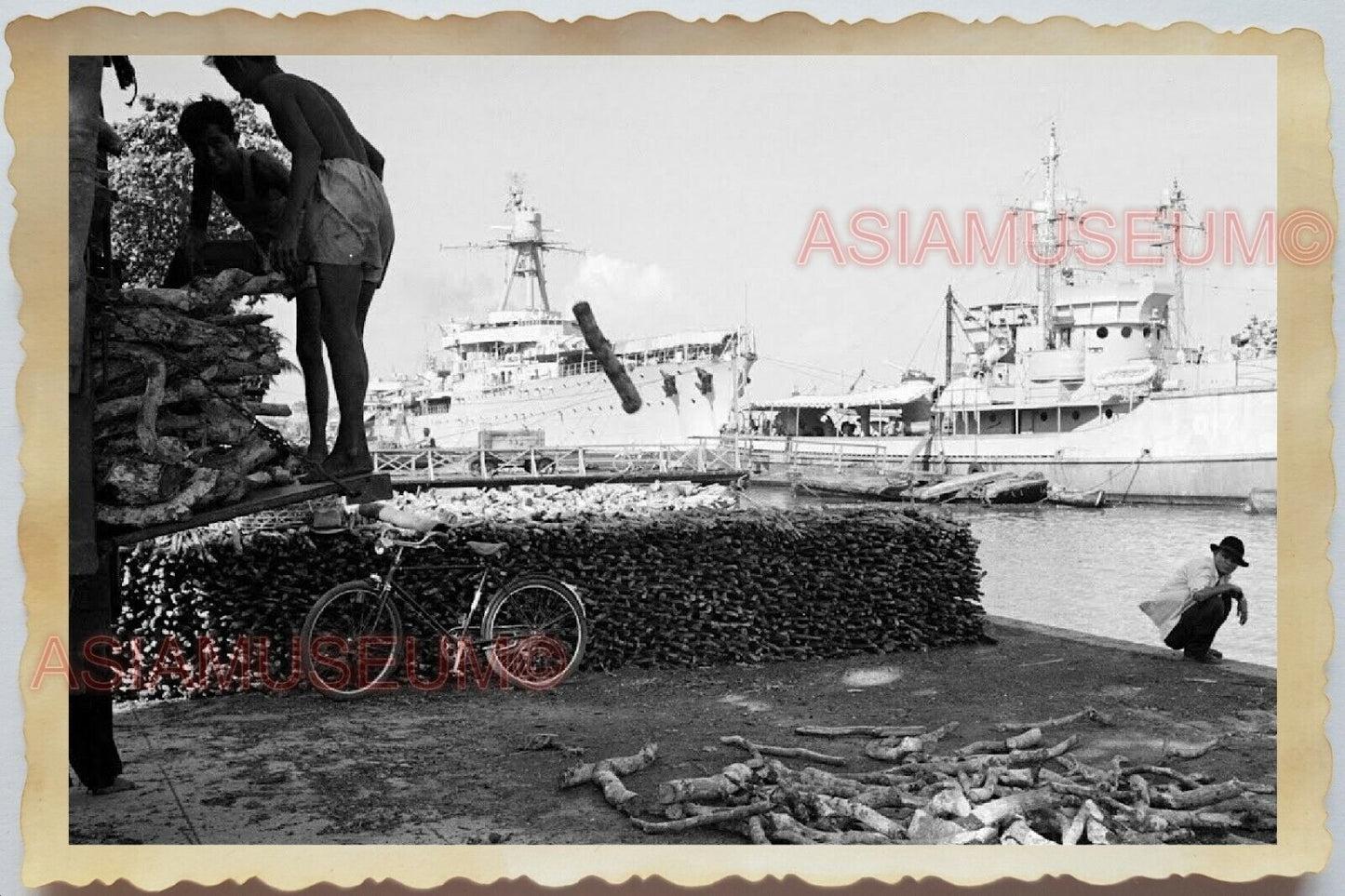 50s Vietnam SAIGON STREET SCENE FRENCH NAVY WARSHIP FERRY  Vintage Photo #1421